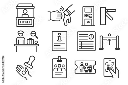 Ticket icons collection featuring access control and identification symbols