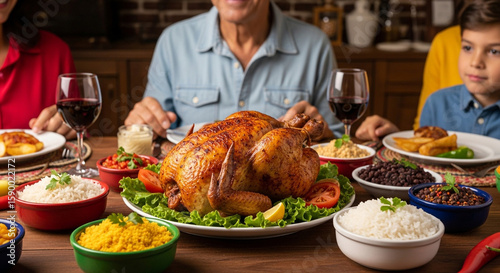 Roast chicken on the table with family around