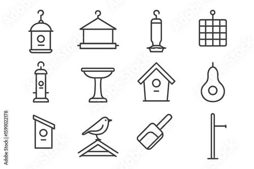 Minimalist birdhouse and feeder icons on gray background