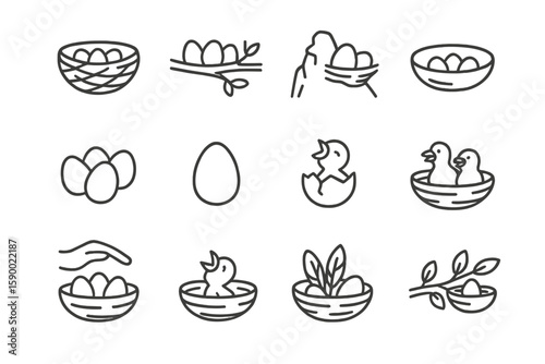Collection of bird nest icons featuring eggs and hatching chicks