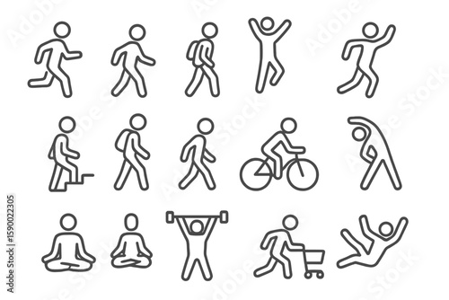 Silhouette icons of various physical activities and exercises