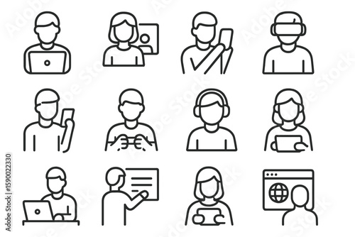 Outline icons of people using technology in various activities