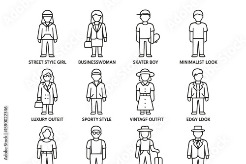 Diverse fashion styles: street, business, skater, minimal, luxury, sporty, vintage, edgy
