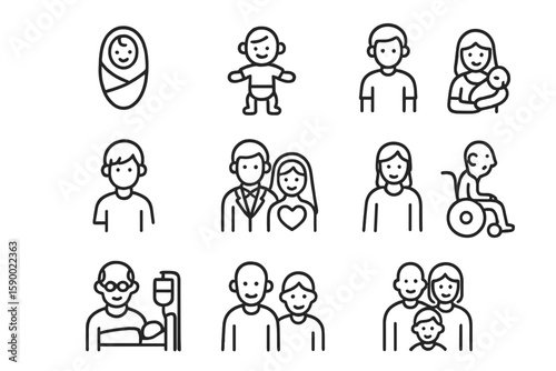 Black family icons collection: various age and relationship stages