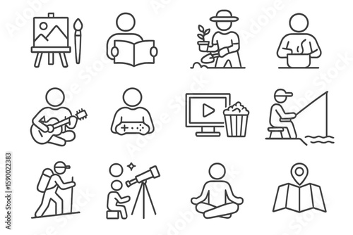Icons depicting various hobbies and activities including music and cooking