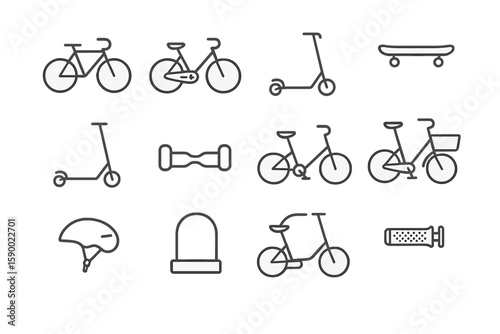 Outline icons of bicycles, scooters, skateboards, and helmets