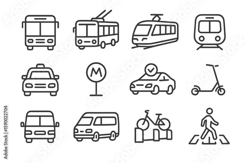 Icons of public transport: bus, train, taxi, scooter, bicycle, pedestrian