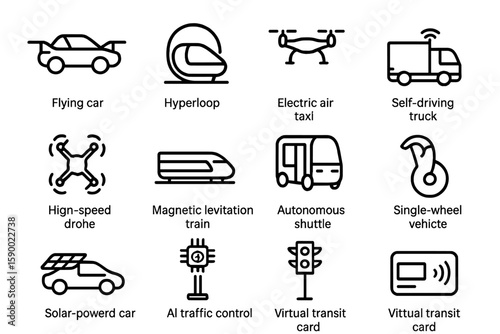 Futuristic transportation icons: flying car, hyperloop, electric air taxi, drone, shuttle