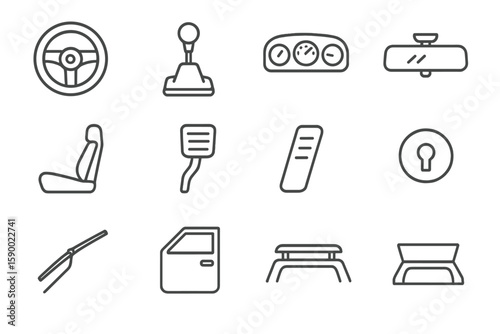 Car interior icons: steering wheel, gear, dashboard, mirror, seat