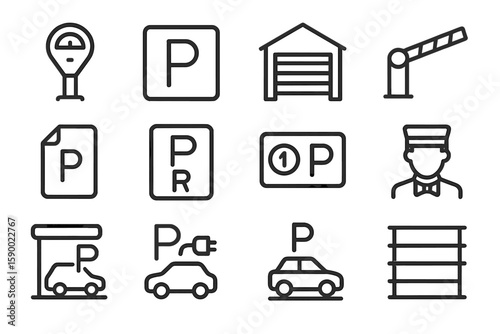 Parking icons set: symbols for car, garage, electric, payment, valet, barrier