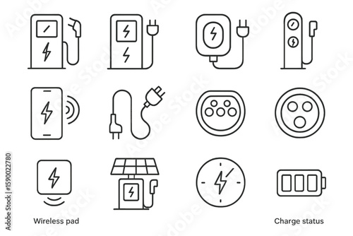Electric vehicle charging station icons with wireless pad and charge status
