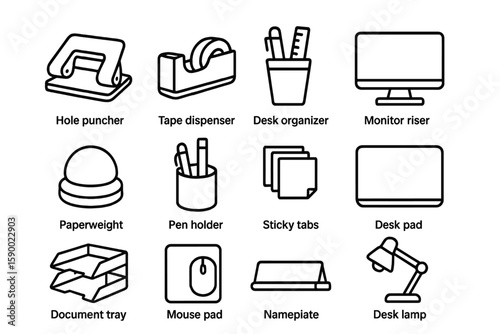 Office supplies icons: hole puncher, tape dispenser, desk organizer, monitor riser
