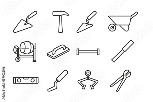 Construction tools icons: trowels, hammer, wheelbarrow, concrete mixer