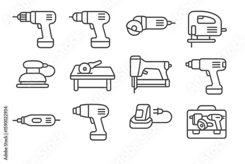 Outline of various electric power tools on gray background