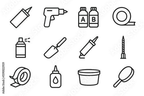 Assorted tool icons: drill, glue, tape, brush - simple black and white design