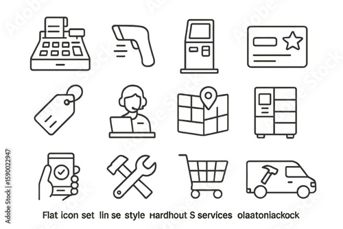 Flat icon set for retail and services in linear style
