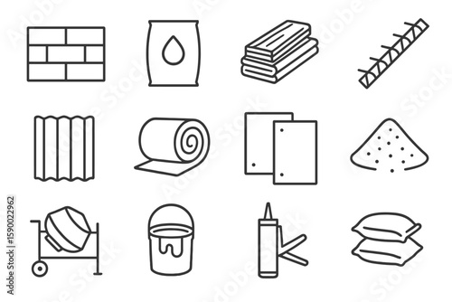 Construction material icons: brick, concrete, wood, steel, tools, supplies