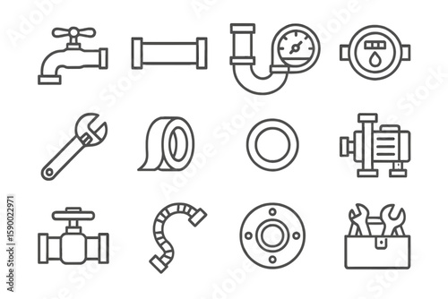 Plumbing tools and equipment icons on dark metallic background