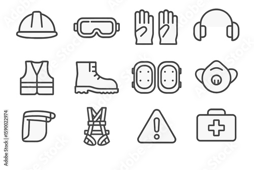 Safety equipment icons: helmet, goggles, gloves, boots for workplace protection