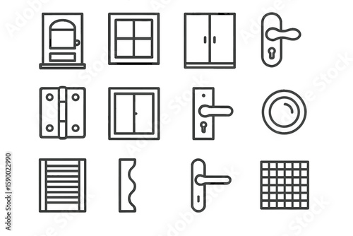 Simple icon set: doors, windows, handles, knobs, and grids on gray background