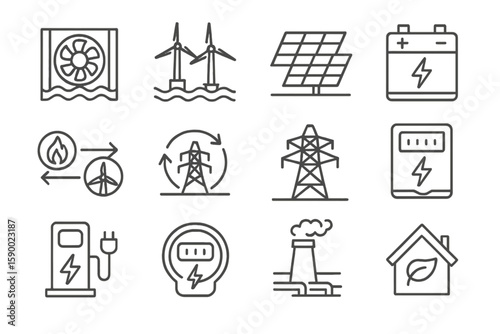 Renewable energy icons: solar, wind, biomass, power grid, charging station