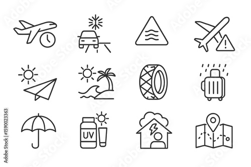 Travel and weather icons: plane, car, beach, umbrella, map, uv protection