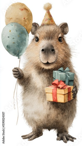 Cute Capybara With a Party Hat Holding a Gift and a Balloon at a Celebration.
