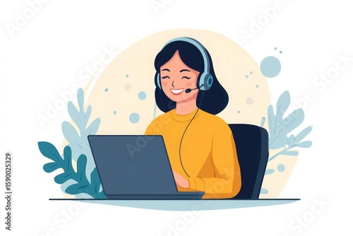 happy call center agent wearing headset talking to client working in customer support office. professional contract service telemarketing operator using laptop having conversation. candid shot

