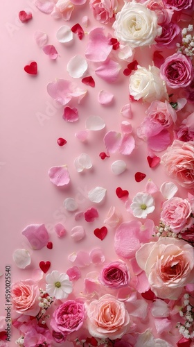 Floral Arrangement of Assorted Roses and Petals on Soft Pink Background for R...