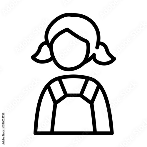 Young girl line icon. Small child with pigtails wearing overalls. Perfect for school, childcare, or family concepts. Vector graphic with adjustable stroke weight.