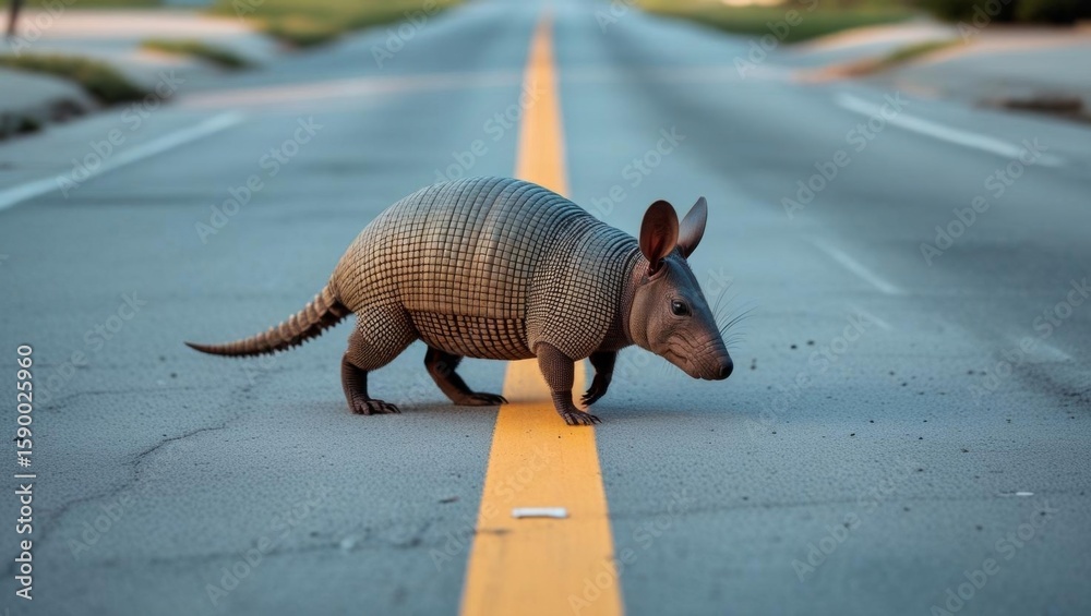 Obraz premium Armadillo Crossing Yellow-Lined Road in Daylight