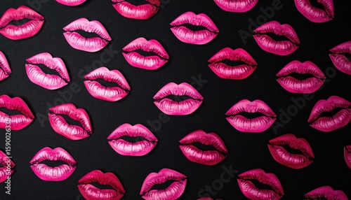 Abstract pattern of pink lips on black background