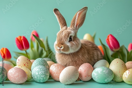 Decorative Easter Arrangement With a Bunny and Colorful Eggs Beside Tulips on...