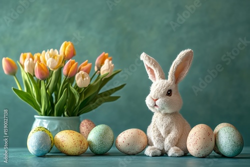 Easter Decoration Featuring a Bunny and Colorful Eggs With Tulips on a Teal B...
