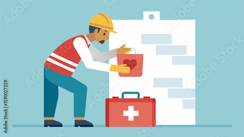 A worker hanging a first aid kit on a designated wall in the construction site ensuring it is easily accessible in case of an emergency.. Vector illustration