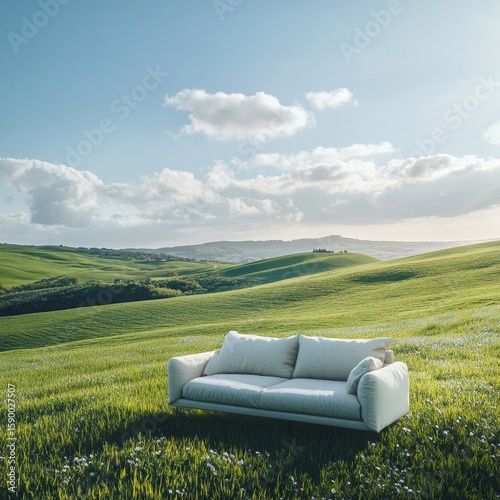 White Sofa in Green Meadow with Rolling Hills