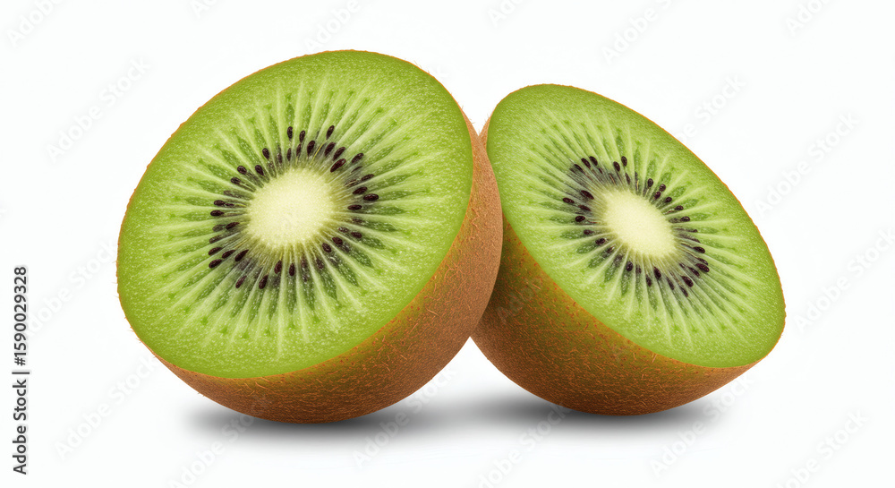 Fototapeta premium High-resolution photo of a kiwi fruit cut in half, revealing the vibrant green interior, floating diagonally on a clean white background