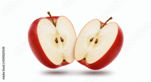 Realistic image of a red apple cut vertically in two, both pieces levitating and angled outward, isolated on a bright white background with subtle shadow