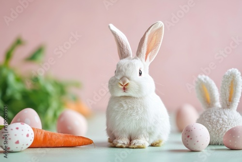 Colorful Easter Eggs and Carrots Arranged on a Pink Background for Festive Sp...