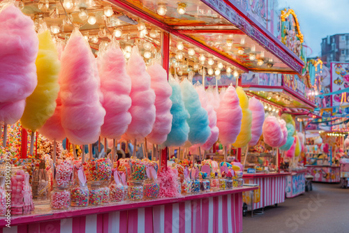 Colorful cotton candy and candy stalls create a vibrant atmosphere at a carnival in the evening