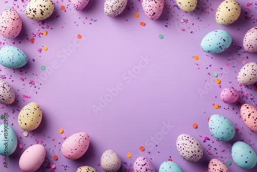 Colorful Easter Eggs and Confetti Arranged Creatively on Purple Background.