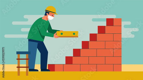 A mason using a spirit level to ensure that each row of bricks is perfectly straight and level.. Vector illustration