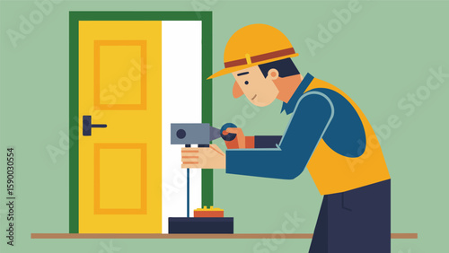 A worker carefully using a router to create a groove for the latch on the door frame.. Vector illustration