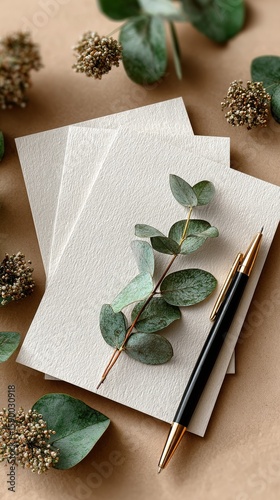 Elegant Arrangement of Dried Eucalyptus Leaves on a Note Card Beside a Golden...