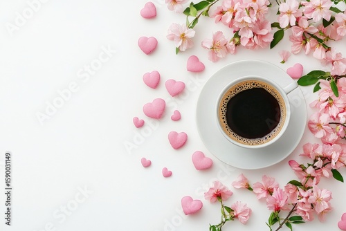 Coffee Cup Surrounded by Pink Flowers and Heart-Shaped Candies on a White Bac...