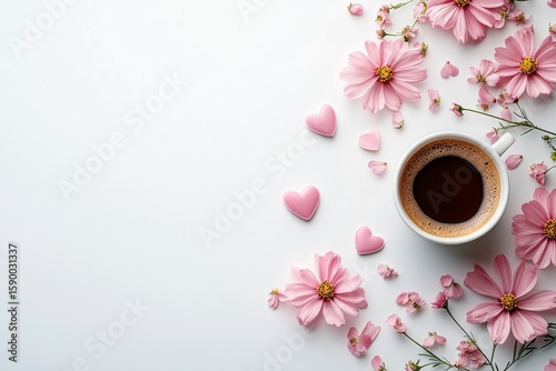 Coffee Cup Surrounded by Pink Flowers and Heart-Shaped Decorations on White B...
