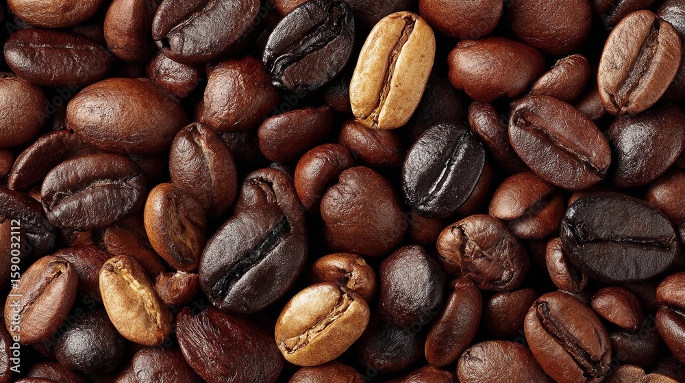 Obraz premium Coffee beans of various roasts arranged in a close-up view for a rich, aromatic experience