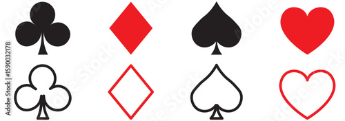 Playing cards suits icons. Heart dimond club spade suite . Realistic playing cards icons. Gamble game cards. Vector graphic EPS 10