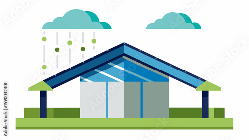 A rainwater harvesting system incorporated into the roof design collecting water for reuse and reducing the buildings reliance on municipal water. Vector illustration