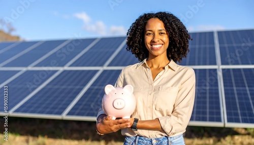 Wallpaper Mural Woman holding piggy bank in front of solar panels Torontodigital.ca